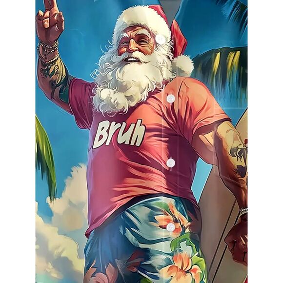 Men's 2XL Christmas Surfing Santa Hawaiian Shirt Button-Up Shirt w Pocket #F - Picture 4 of 4